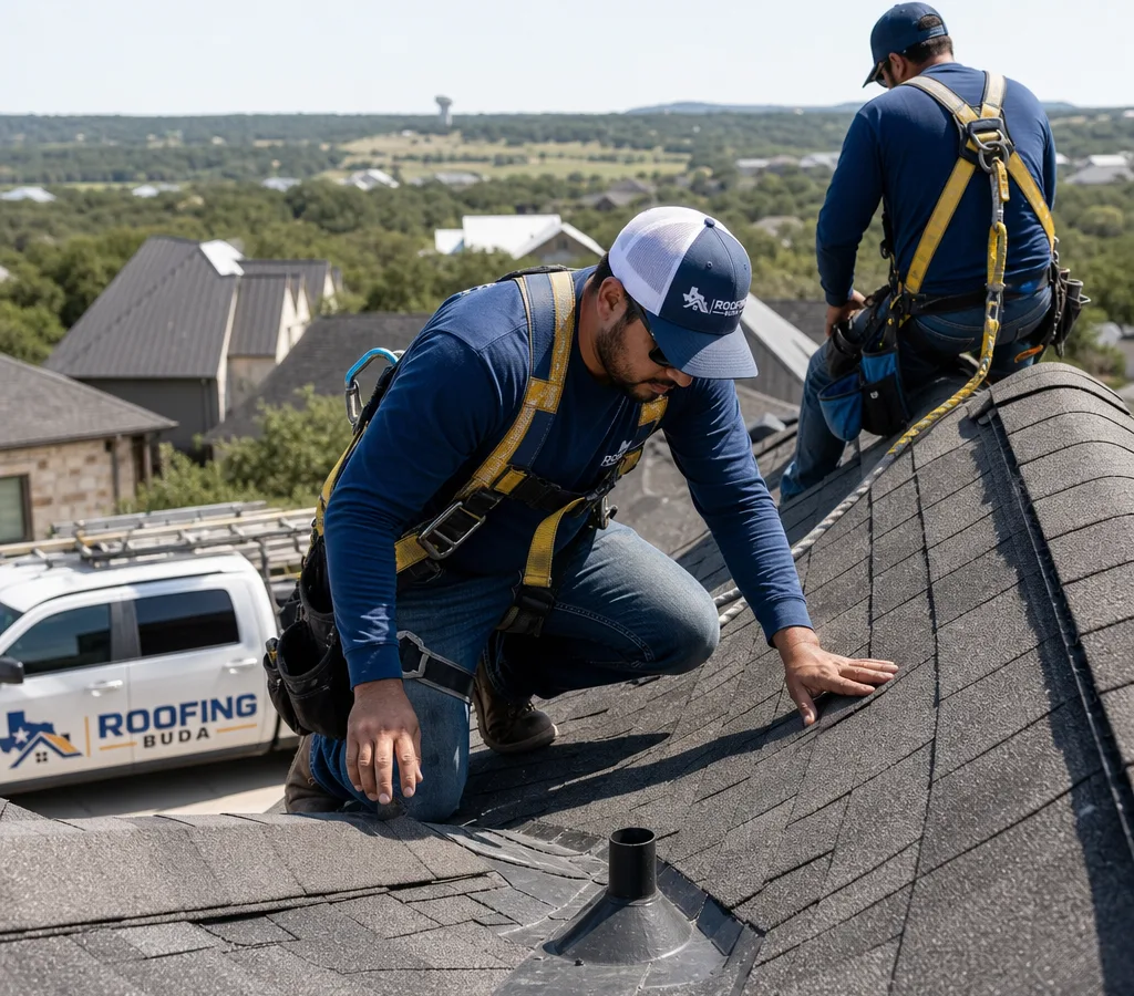 Roofing crew safely assessing shingles, flashing, valleys, and roof penetrations on a Buda-area home