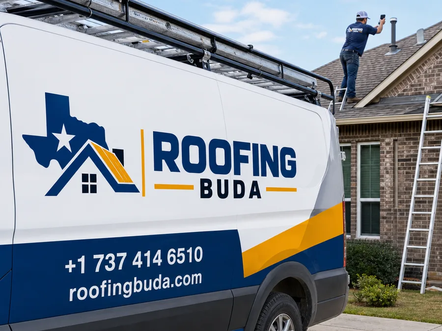 Roofer documenting storm damage and assessing flashing around a plumbing vent