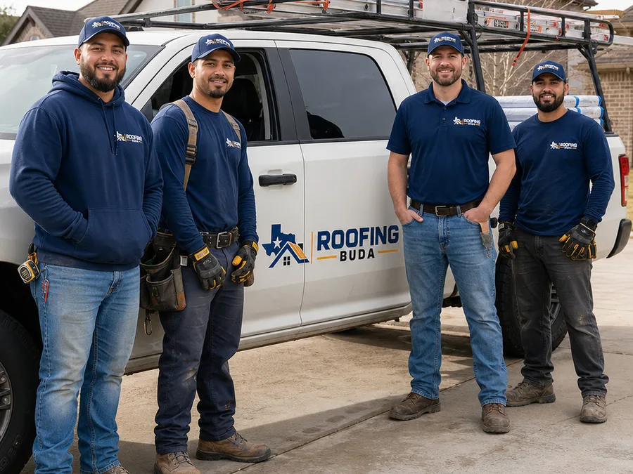 Roofing Buda team beside a work truck with ladders and safety equipment before a residential roofing job